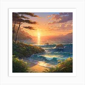 Serene Sunset Over a Coastal Landscape With Lush Vegetation and Crashing Waves Art Print