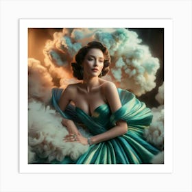 Beautiful Woman In A Blue Dress On Clouds Cinematic Wall Decoration Art Print