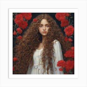 Girl With Red Flowers Art Print