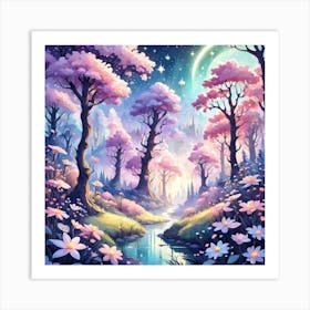 A Fantasy Forest With Twinkling Stars In Pastel Tone Square Composition 426 Art Print