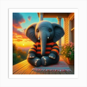 Elephant Sitting On Porch 1 Art Print