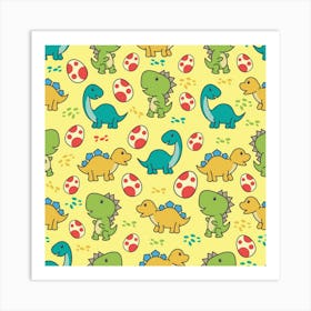 Seamless Pattern With Cute Dinosaurs Character Art Print