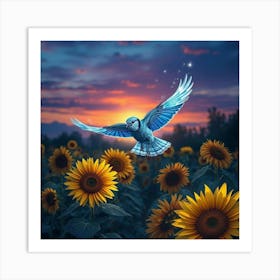 A Mystical Blue Jay With Crystal Wings Soaring Through A Garden Of Glowing Sunflowers At Twilight 1 Art Print