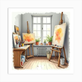 Watercolor Of A French Artist S Studio With Canvases And Paintbrushes 1 Art Print