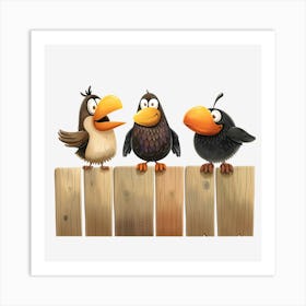 Three Birds On A Wooden Fence Art Print