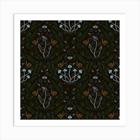 Goblincore Seamless Pattern With Mushrooms, Snails and Moths on Black Art Print