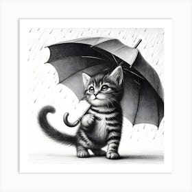 A Black And White Pencil Sketch Of A Cat Holding An Umbrella 3 Art Print