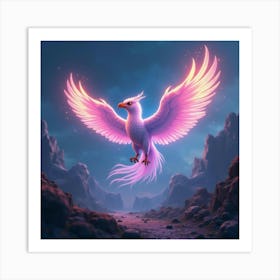 A Mythical Griffin With Feathers Of Shimmering, Neon Light Soaring Through A Magical Landscape 1 Art Print