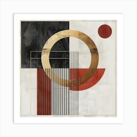 Minimalist Abstract Geometry in Black, White, Red, and Gold Art Print