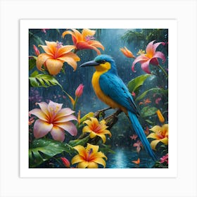 colorful, realistic painting of a bird perched on a branch surrounded by flowers Art Print