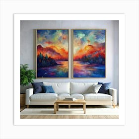 Pair Of Paintings Of Mountains And Lake Art Print