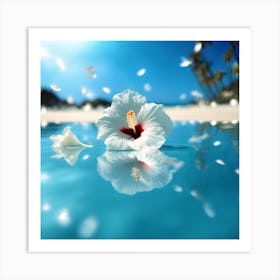 Blue Sea Reflections with White Hibiscus Flowers Art Print