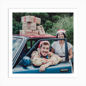 Happy Couple In Car With Presents Art Print