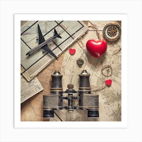 Firefly A Paris, France Vintage Travel Flatlay, Binoculars, Small Red Heart, Map, Stamp, Flight, Air (2) Art Print