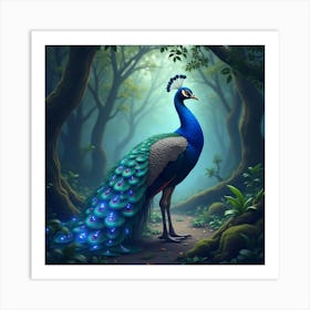 A Vibrant Peacock With A Glowing, Iridescent Tail In A Mystical Forest 1 Art Print