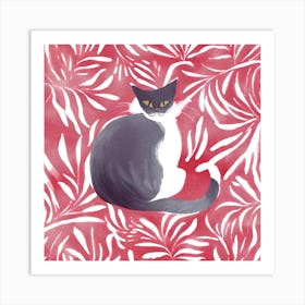 Cat On Red Leaves Art Print