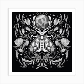 Night Black And White Moth On Floral Background And Moon Square Art Print