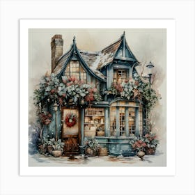 Cozy Winter Cottage with Blooming Florals: A Winter Wonderland Haven Art Print