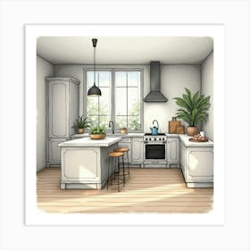 Stylish Kitchen In Watercolor, Elegant, Refined Palette 1 Art Print