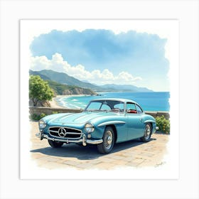 High End Car With A Beautiful Coastal View, Watercolor Painting 1 Art Print