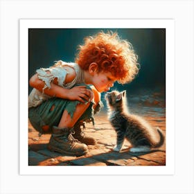 Little Boy Kissing A Kitten Art Print