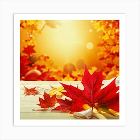 Autumn Leaves On A Wooden Table Art Print