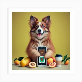 A Cute Animated Brown Dog Holding A Ipadiphone Art Print