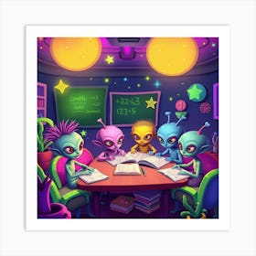 Alien Kids Doing Homework Art Print