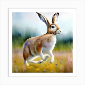 Hare Running In Yellow Meadow Scottish Highlands Art Print