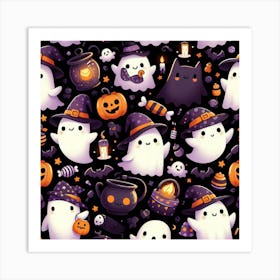 Halloween Cute Ghosts On Black Pattern Art Print