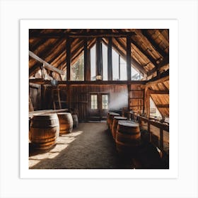 Barn Interior With Barrels Art Print