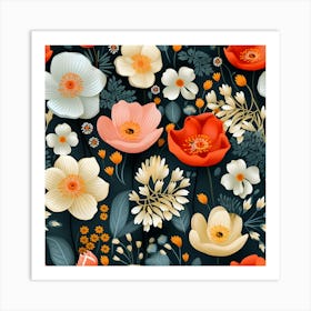 Vibrant Floral Pattern – Modern Botanical Wall Art For Elegant Home Decor Art Print