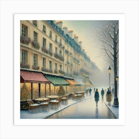 Paris cafes, winter season, Christmas, pale colors, pedestrians in the street, winter clothes, falling snow.20 Art Print