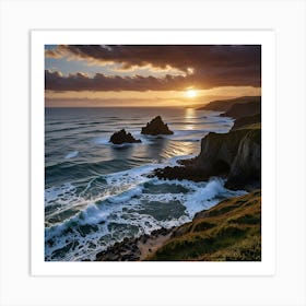 Dramatic Coastal Scene With Crashing Waves Against Rugged Cliffs Art Print