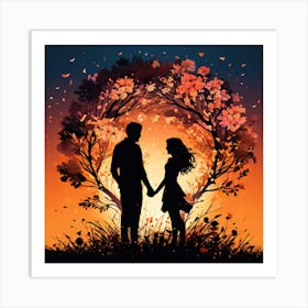 Couple Holding Hands At Sunset, Silhouettes Of Two People Hugging Surrounded By Elements Of Nature Flowers Trees Growing Art Print