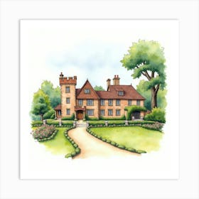 Watercolor Of The Baddesley Clinton In Warwickshire, Showcasing Its Medieval Architecture And Scenic Gardens Art Print