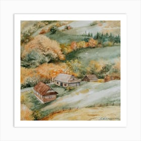 Watercolor Landscape Kiss Of Autumn Square Art Print
