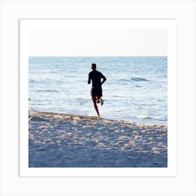 Beach Jogger sport water sea waves square man guy running run runner photo photography Art Print
