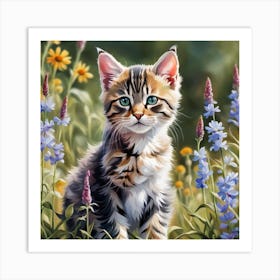 Tabby Kitten Digital Watercolor Portrait Art Print