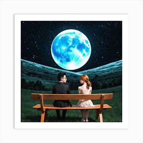 Couple Sitting On A Bench Under The Moon 12 Art Print