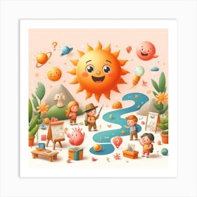 Cartoon Sun With Children Art Print