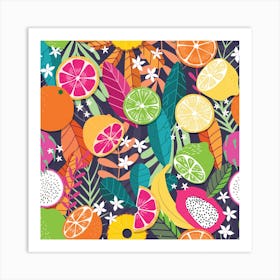 Tropical Fruits Pattern On Deep Purple With Floral Decoration Square Art Print