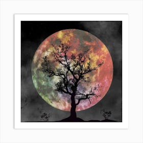 Full Moon With Tree Full Moon Silhouette Tree Night Art Print