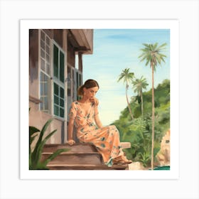 Woman on porch Art Print