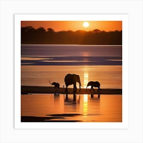 Elephants At Sunset Art Print