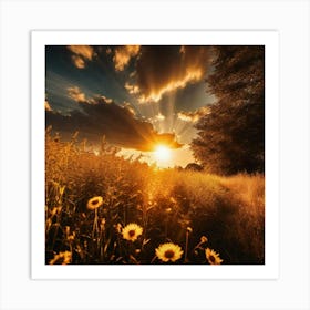 Field of flowers and sunrise Art Print