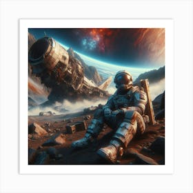 Astronaut beside his wrecked Spacecraft Art Print