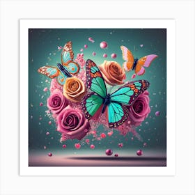 Glitter Splash Of Only Two Butterflies Roses B Art Print