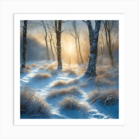 Warm Sun across a Snow Covered Woodland Landscape Art Print