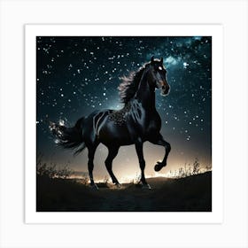 Black Horse In Starry Night Art Print